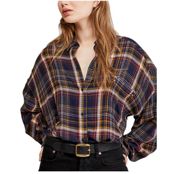 Free People Hidden Valley Plaid Flannel Big Shirt S - Picture 1 of 12